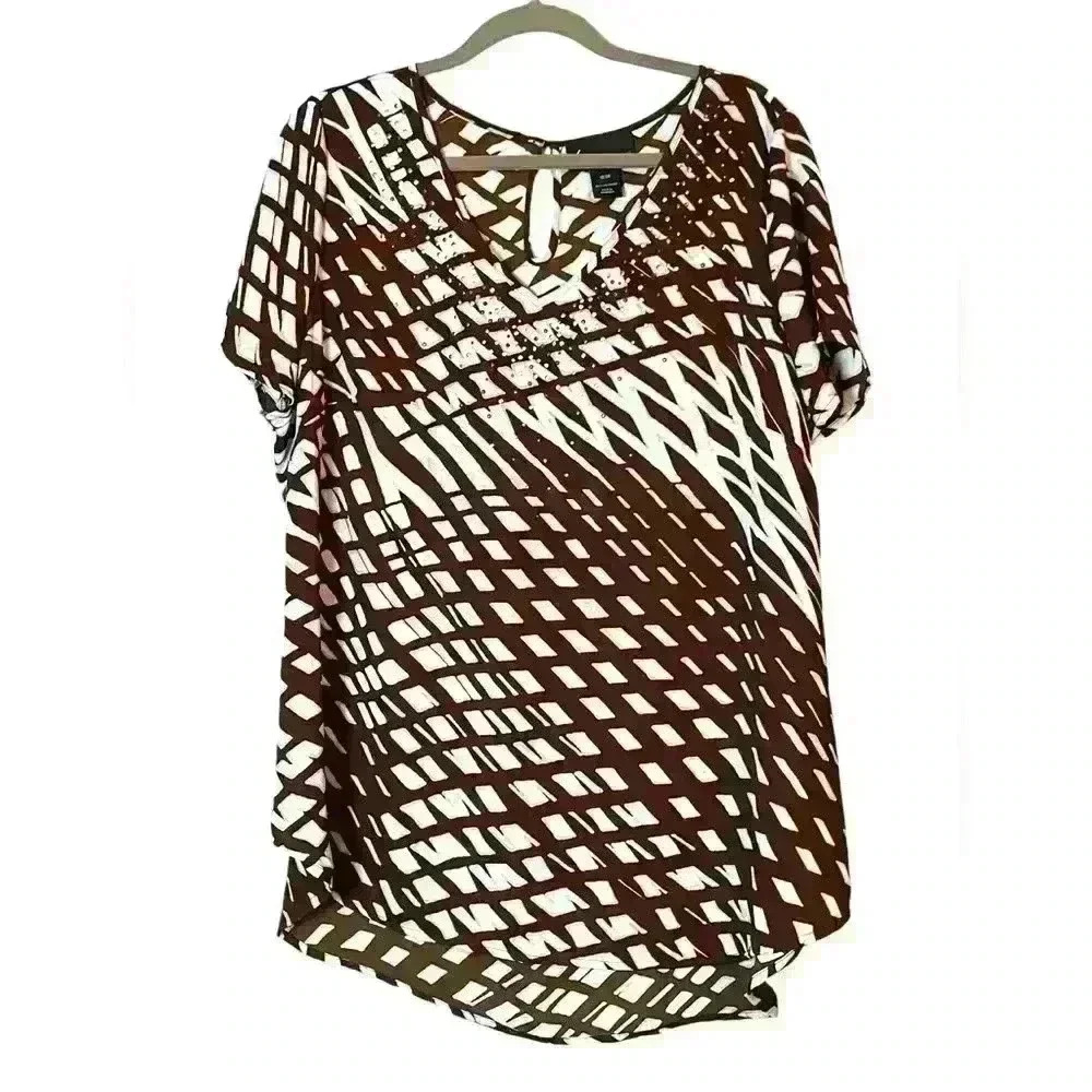 Lane Bryant Brown & White Lightweight Dressy Short‎ Sleeved Blouse Size 18/20